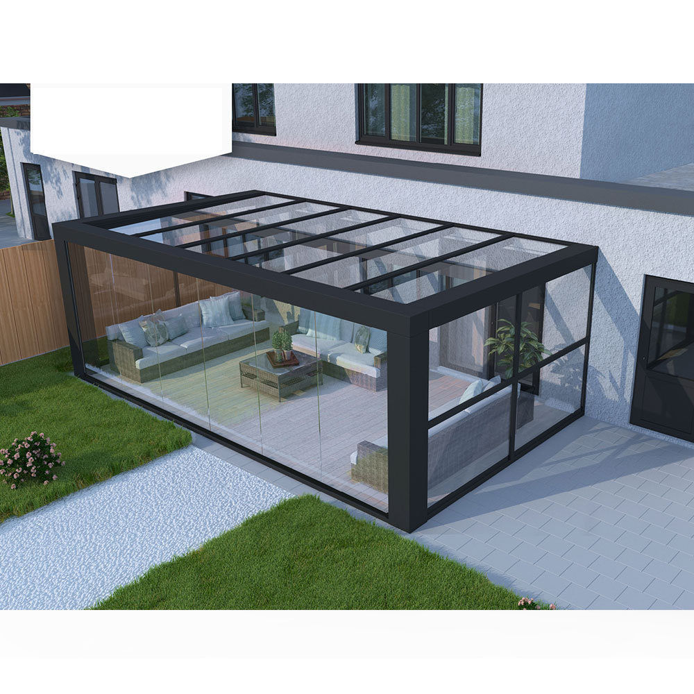 Exterior frameless movable glass partition full open aluminum folding sliding glass door for pergola sunroom