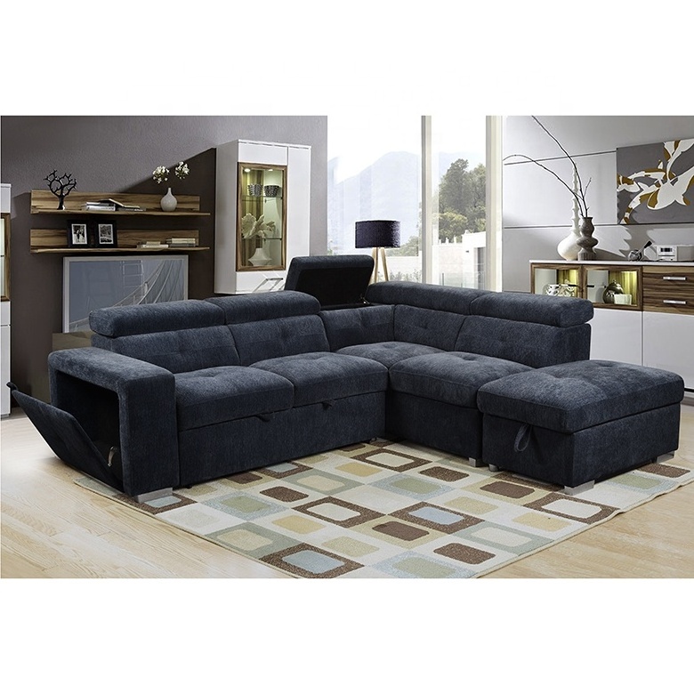 European new arrival dark blue single futon with storage 2seater+chaise chenille fabric shaped sleeper sofa bed sofa cum bed