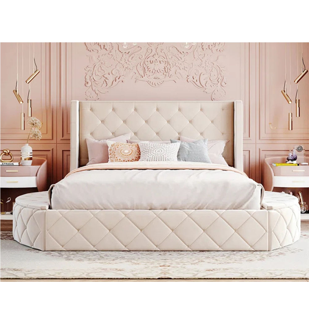 Light luxury hotel set hotel guest cream white velvet room round bed storage drawers luxury bedroom furniture romantic style