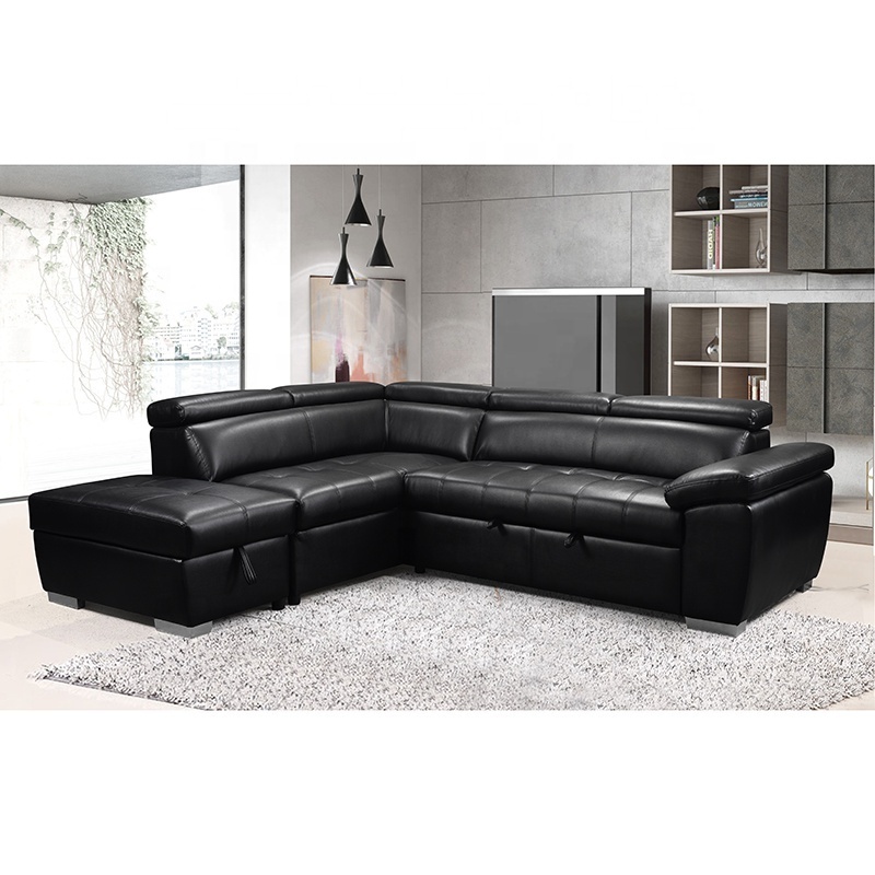 Modern design Comfortable 2P+Chaise+ottoman free combination glossy black leather furniture drawing room combination sofa bed