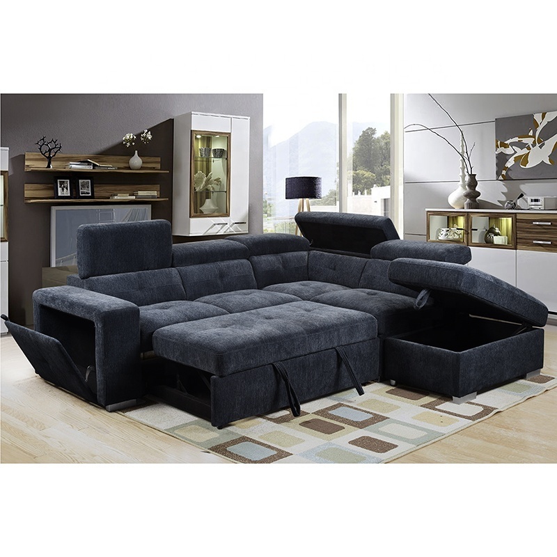 European new arrival dark blue single futon with storage 2seater+chaise chenille fabric shaped sleeper sofa bed sofa cum bed