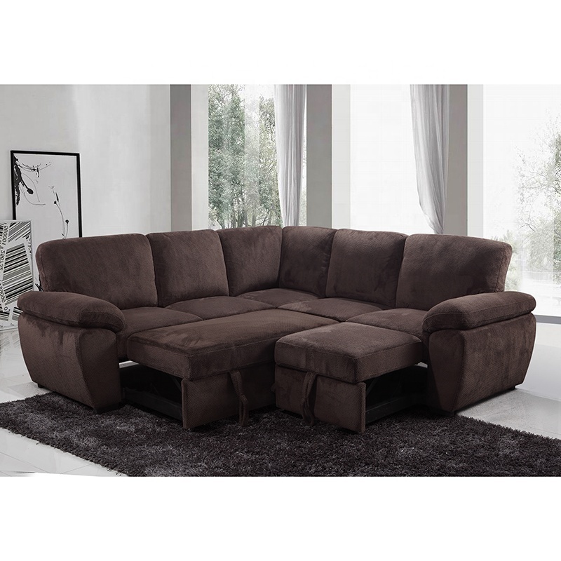 Tianhang upholstery air fabric 5 seats living room sofa L shaped pull out chair cum queen bed sofa bed with storage