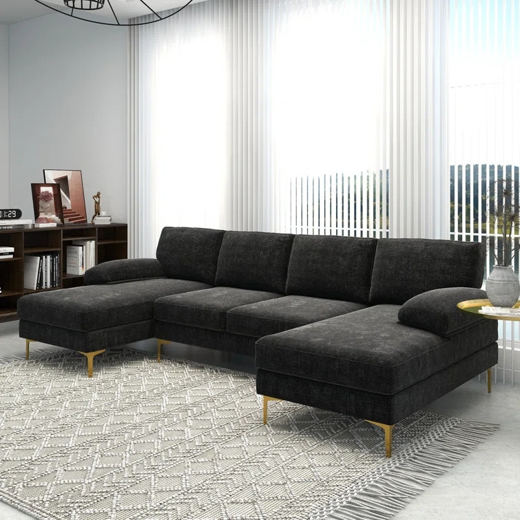 soft touching Black Chenille u shape sofa set luxury modern sectional corner couch living room sofa with gold leg