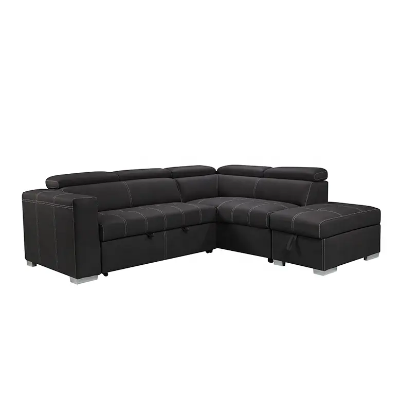 Texture leather headrest living room sofa furniture 5 seats+ ottoman L shaped sofa bed with functional socket