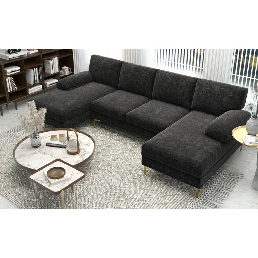 soft touching Black Chenille u shape sofa set luxury modern sectional corner couch living room sofa with gold leg