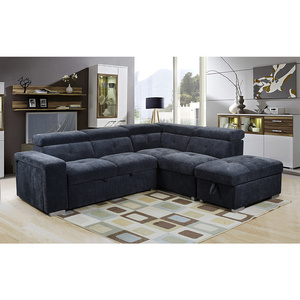 European new arrival dark blue single futon with storage 2seater+chaise chenille fabric shaped sleeper sofa bed sofa cum bed