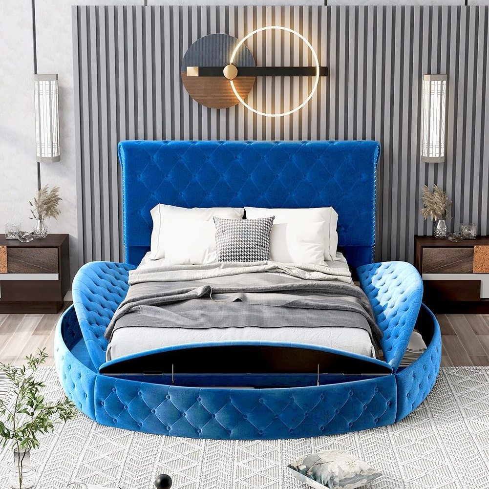 Cheap price Round Modern Upholstered bedding luxury Furniture wooden beds king size for Bedroom Hotel