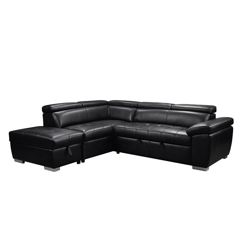 Modern design Comfortable 2P+Chaise+ottoman free combination glossy black leather furniture drawing room combination sofa bed