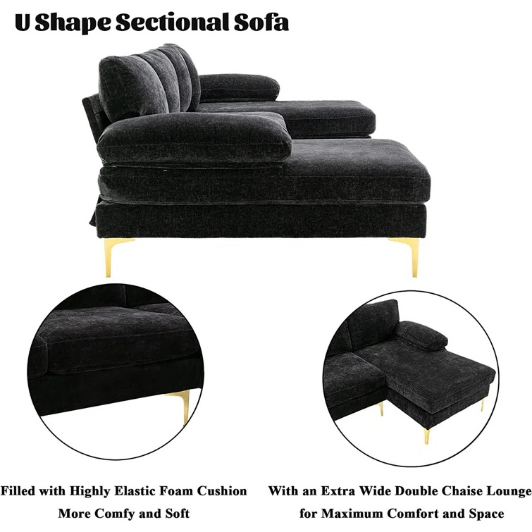 soft touching Black Chenille u shape sofa set luxury modern sectional corner couch living room sofa with gold leg