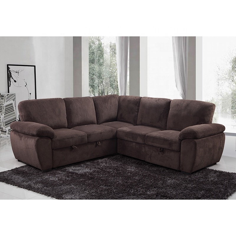 Tianhang upholstery air fabric 5 seats living room sofa L shaped pull out chair cum queen bed sofa bed with storage