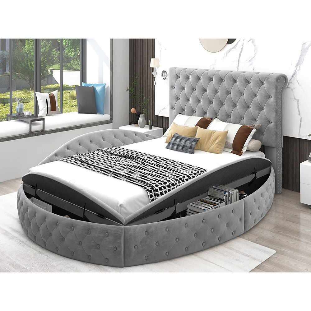 hot selling Grey velvet Modern Curved Upholstered Bed Furniture Custom King Size Queen Size upholstered beds for Bedroom Hotel