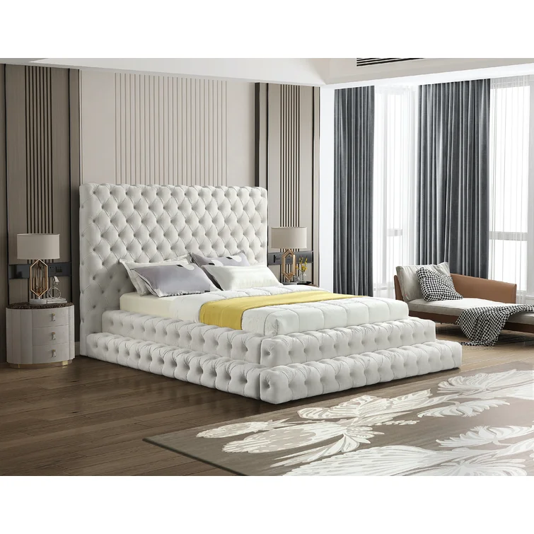 Dongguan Tianhang velvet tufted European Designs modern furniture designer frame full hotel wood bed