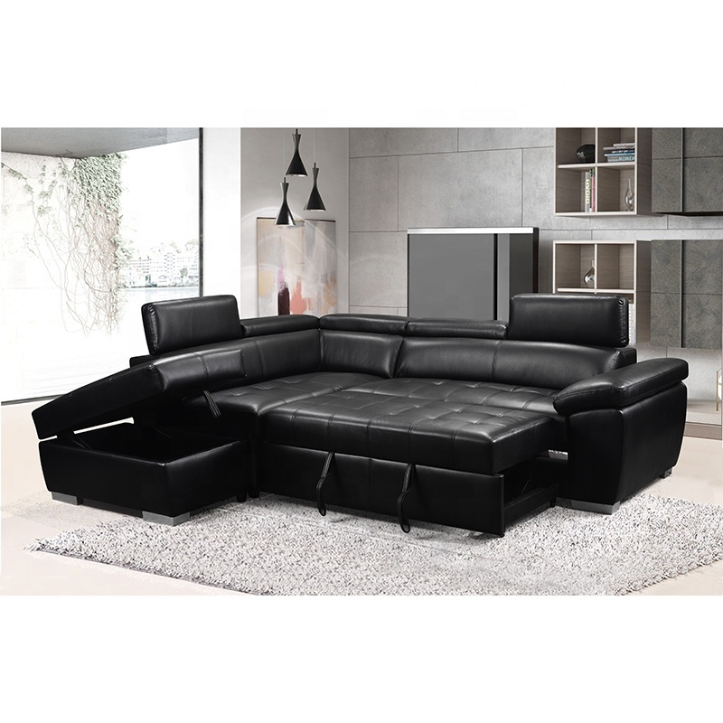 Modern design Comfortable 2P+Chaise+ottoman free combination glossy black leather furniture drawing room combination sofa bed