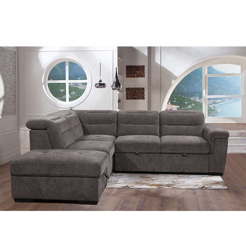 Modern Corner linen Fabric multi-seats ottoman with storage Living Room Sofa pull out recliner headrest sofa bed