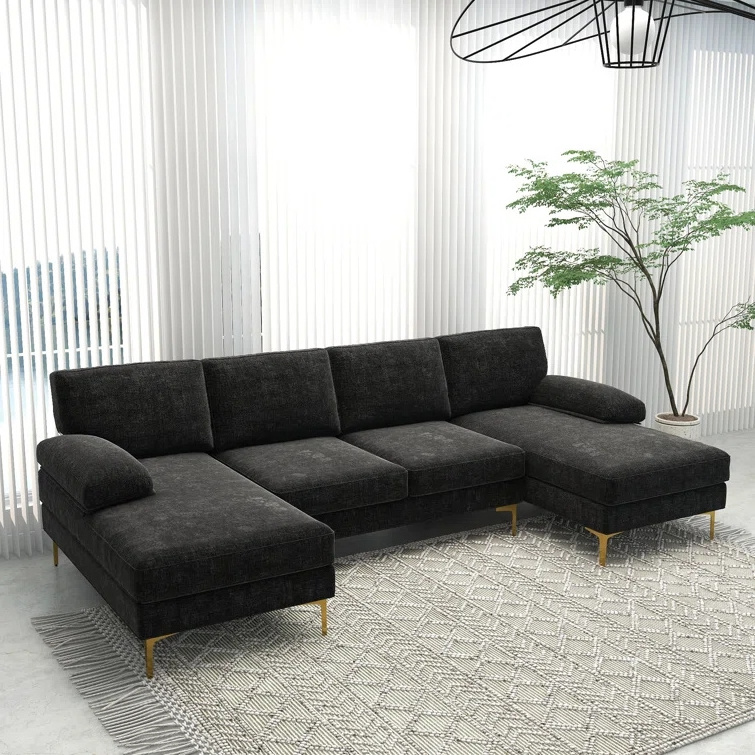 soft touching Black Chenille u shape sofa set luxury modern sectional corner couch living room sofa with gold leg