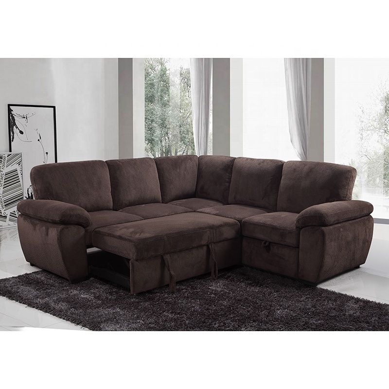 Tianhang upholstery air fabric 5 seats living room sofa L shaped pull out chair cum queen bed sofa bed with storage