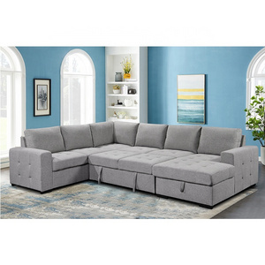 Tianhang furniture linen fabrics multi-seats living room sofa U shaped corner pull out sofa bed with storage