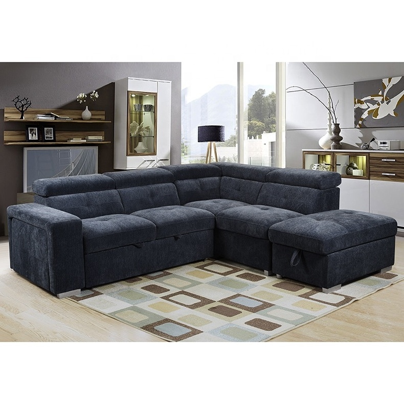 European new arrival dark blue single futon with storage 2seater+chaise chenille fabric shaped sleeper sofa bed sofa cum bed