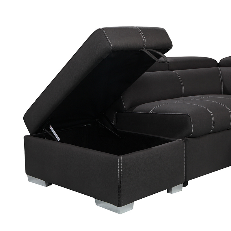 Texture leather headrest living room sofa furniture 5 seats+ ottoman L shaped sofa bed with functional socket