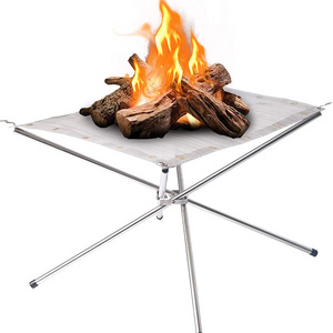 Fire Pit Bonfire Stand for Outdoor Portable Mesh BBQ Camping Women Custom Silver Stainless Steel Rectangle Not Support Morden