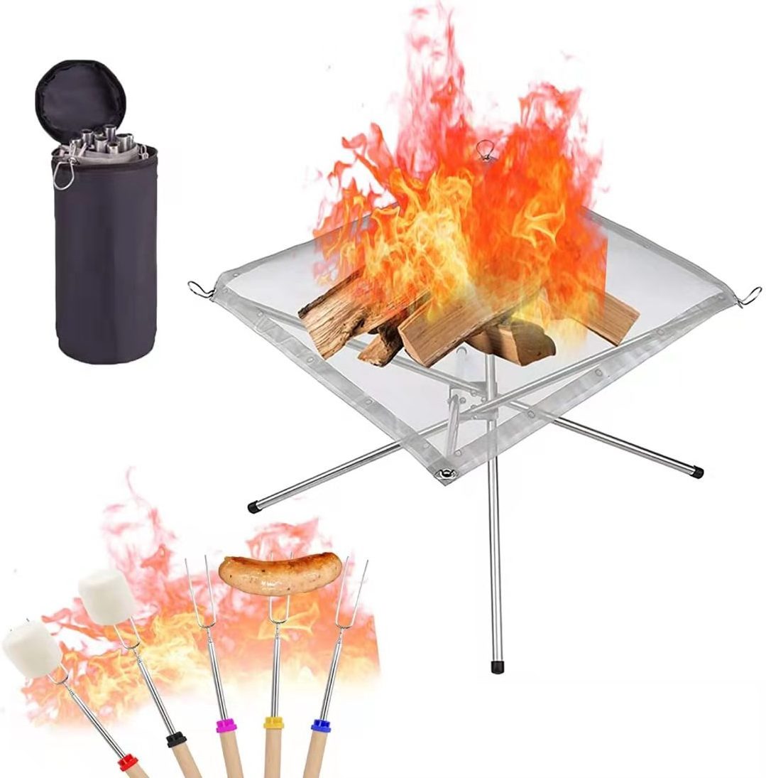 Mini Grill BBQ Portable Collapsible Outdoor Fire Pit Custom Silver Stainless Steel Rectangle Camping Fire Not Support Morden 1pc