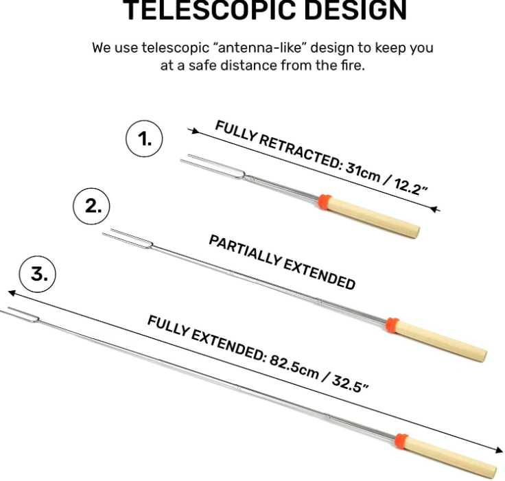 Telescopic Skewers Extra Long Heavy Duty Forks Campfire Roasting Sticks Tools Stainless Steel ISO 32 Inch Camping Accessories