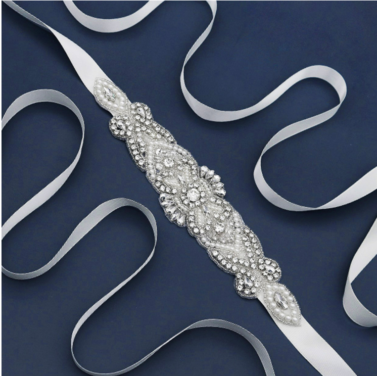 Factory price wedding belts silver rhinestones beads bridal sash for Bridal Dress