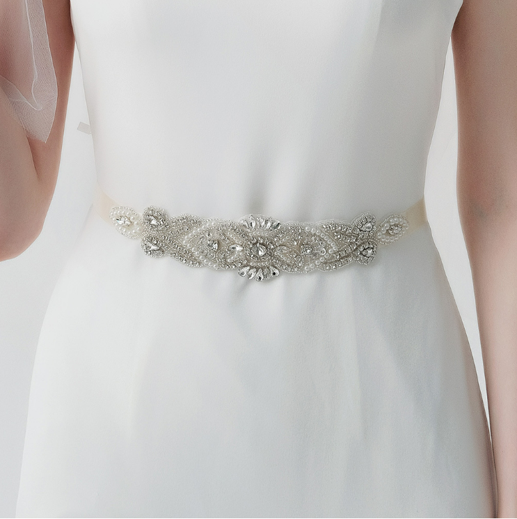 Factory price wedding belts silver rhinestones beads bridal sash for Bridal Dress