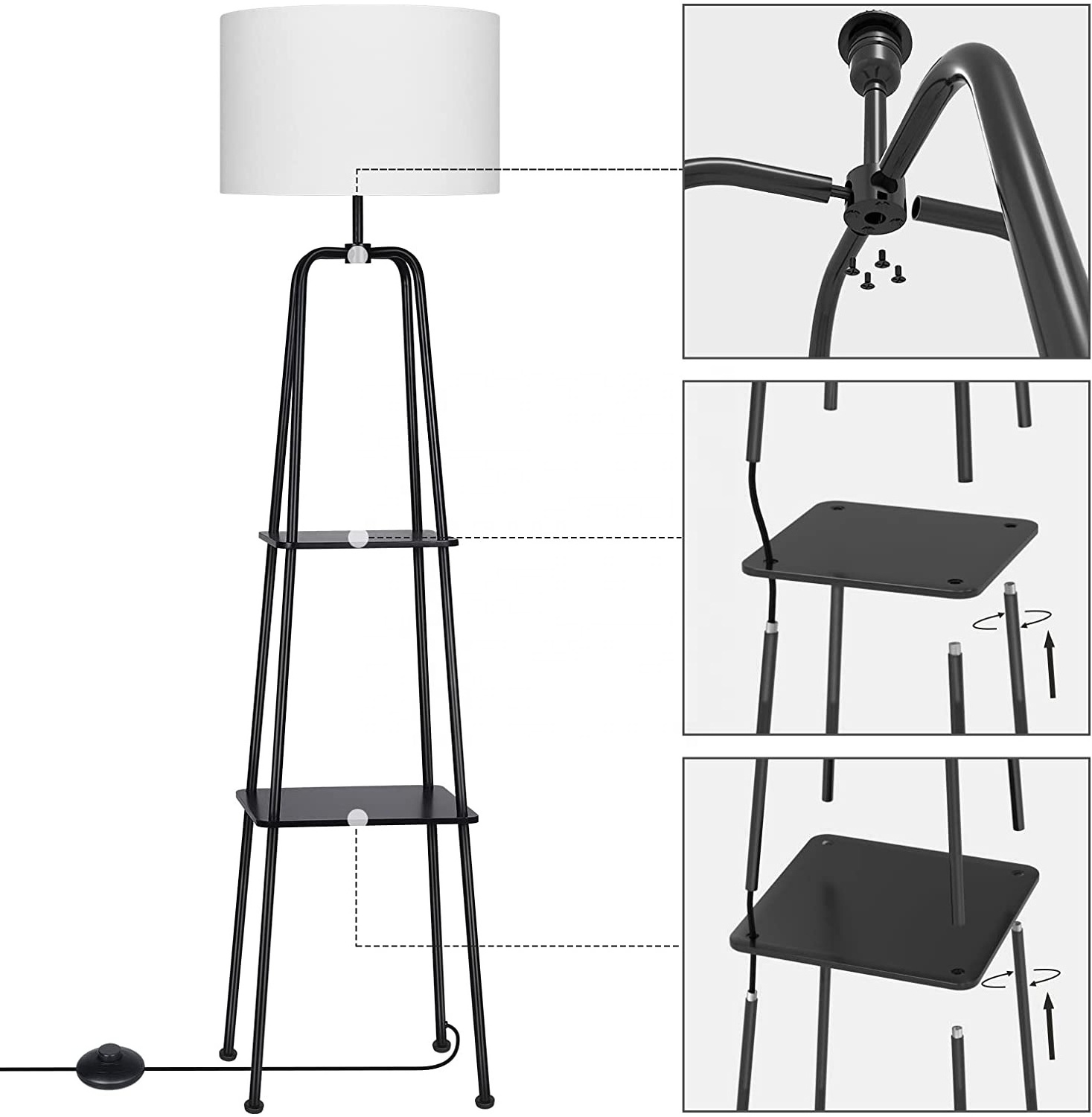 High Quality tripod fabric shade retro wooden shelf standing E27/E26 BULBS floor Lamp for Living Room