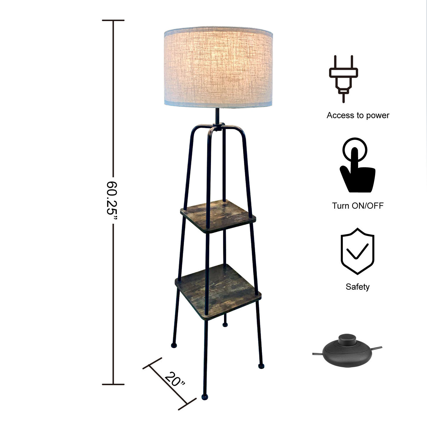 Retro Style Indoor Lighting Standing Lighting Floor Lamp with Shelves Rechargeable Villa Bedside Wooden LED Black Color Box 80