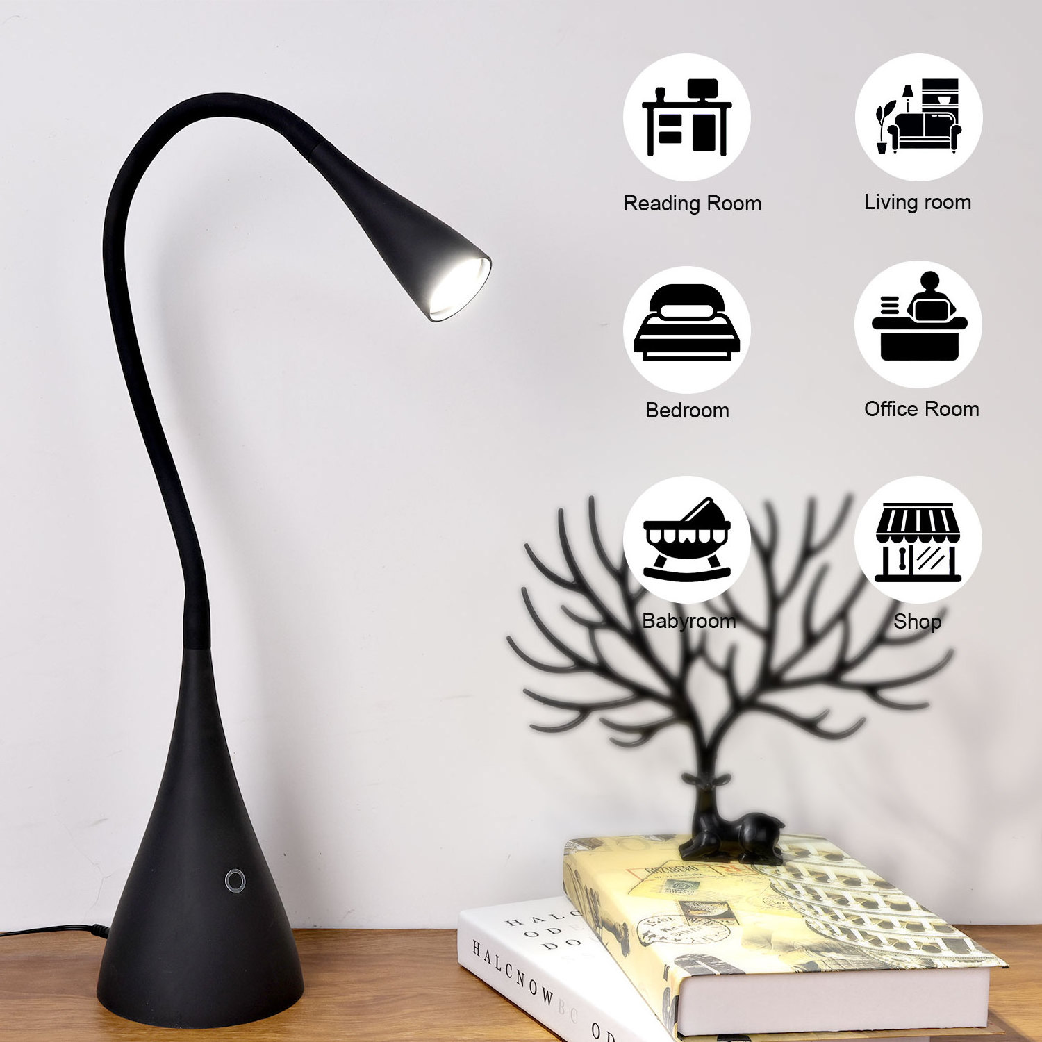 Black Color Flexible Gooseneck Led Reading Table Lamp, Adjustable Hose Desk Light, Office Study Swing Arm Desk Lamp