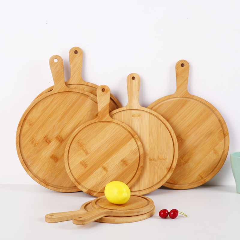 Custom Round Bamboo Pizza Peel Paddle Cutting Board with Handle Bread Cheese Charcuterie Fruit Vegetables Serving Board