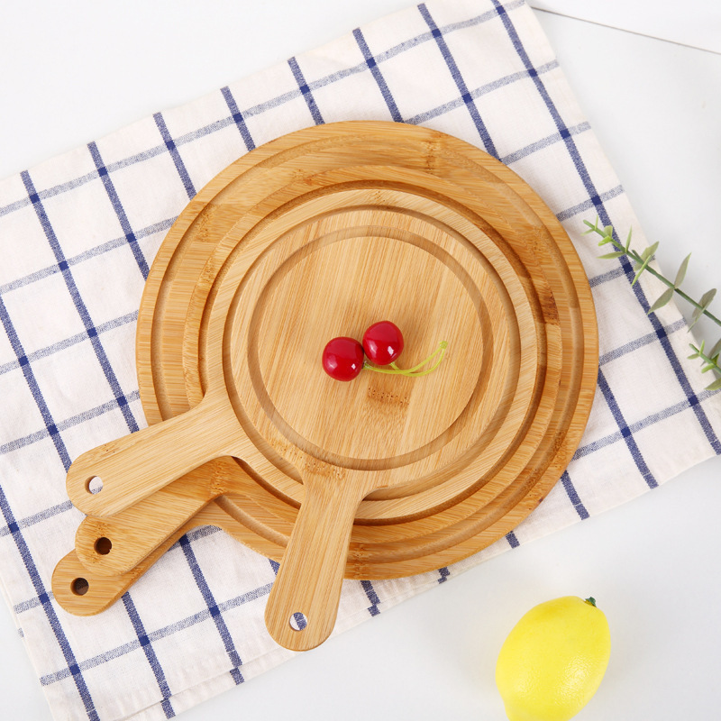 Custom Round Bamboo Pizza Peel Paddle Cutting Board with Handle Bread Cheese Charcuterie Fruit Vegetables Serving Board