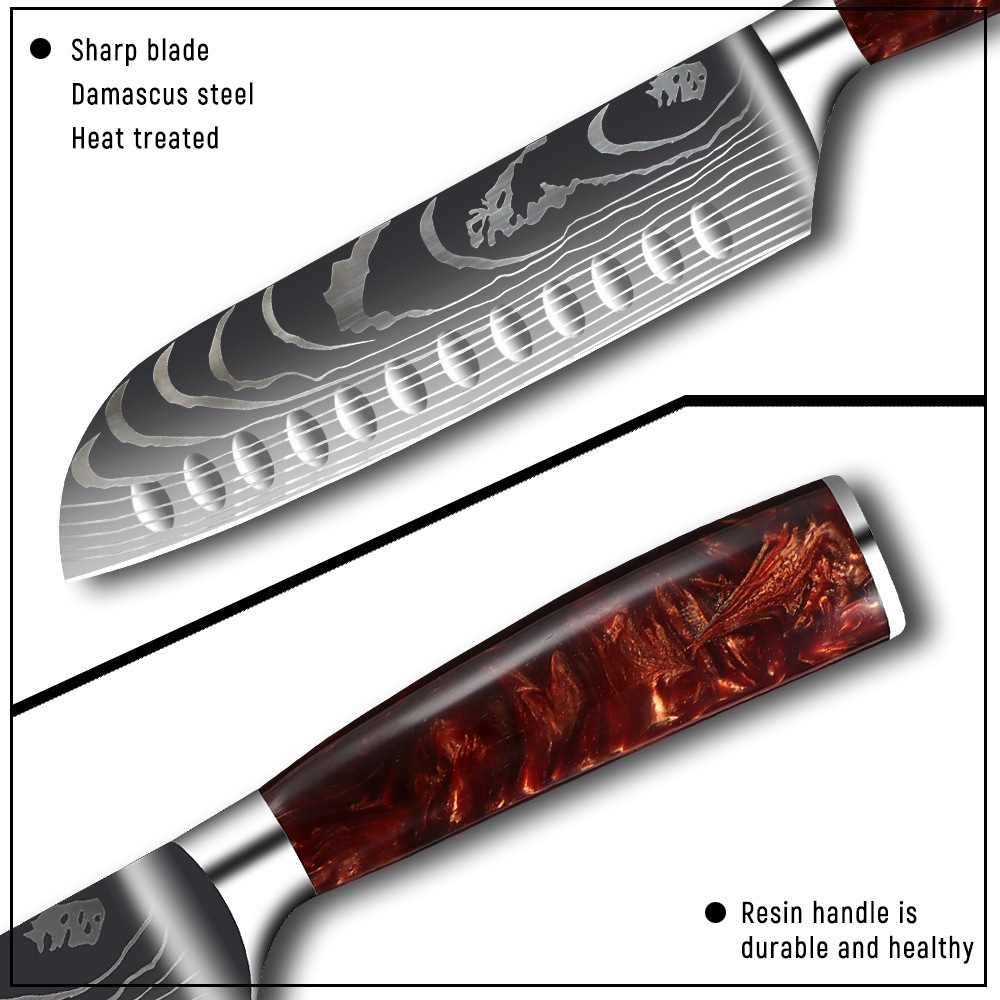 10 Pcs Kitchen Knives Set Laser Damascus Pattern Stainless Steel Red Resin Handle Kiritsuke Boning Bread Santoku Chef Knife