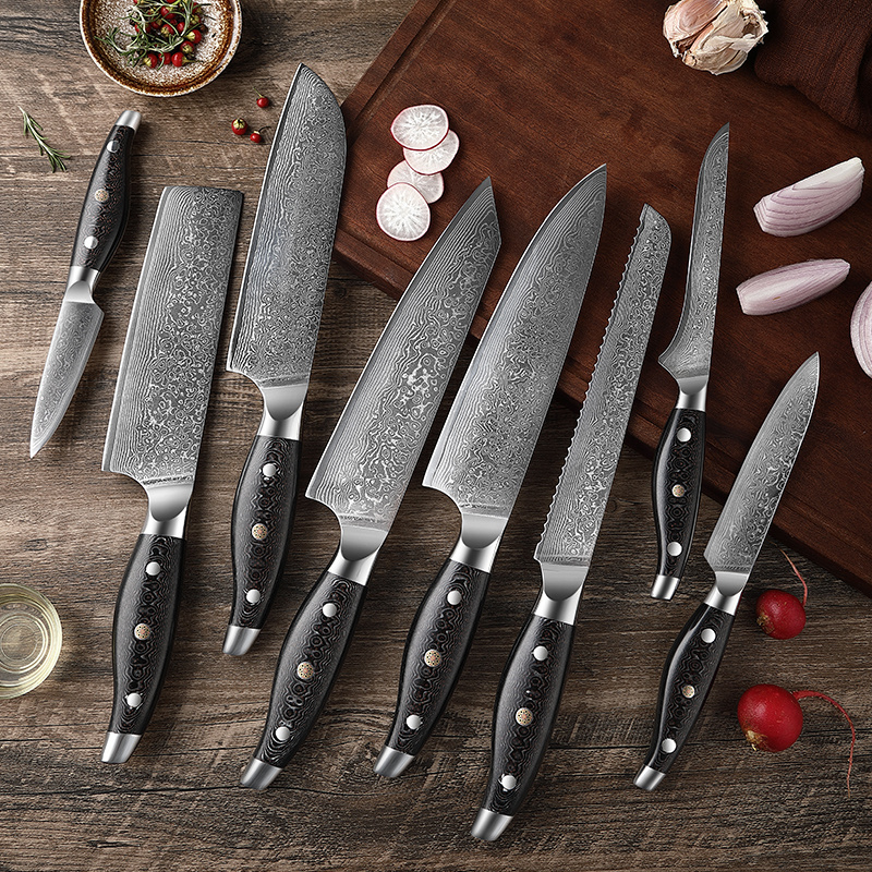 8 pcs Damascus Kitchen Knives Set with Micarta Handle Chef Kiritsuke Santoku Bread Nakiri Boning Utility Paring Knife