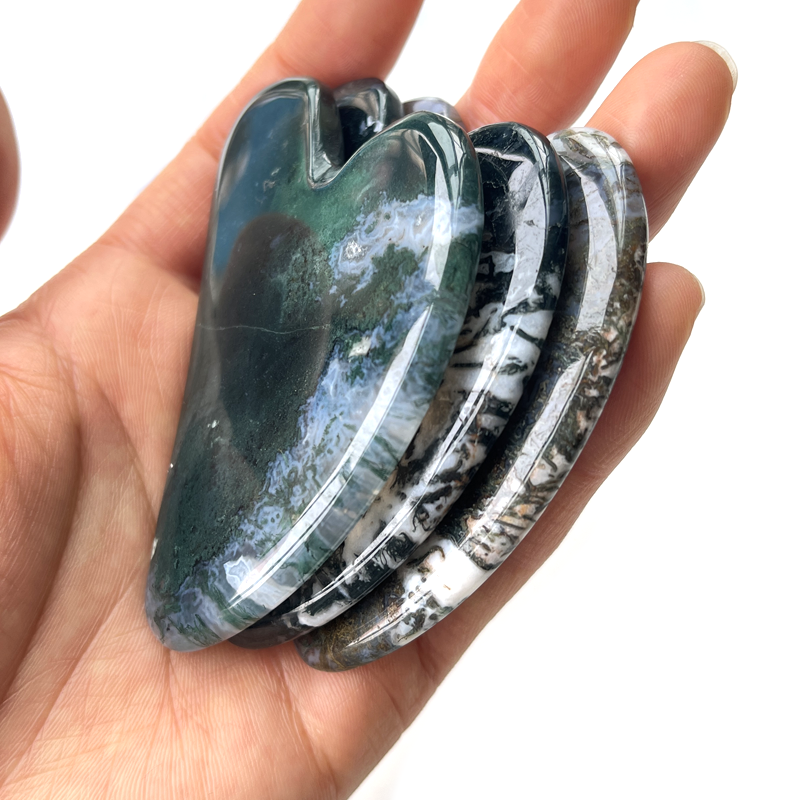 Hot Selling Moss Agate Gua Sha Face Tool Custom Logo Heart Shaped Guasha Stone Massage Therapy Tool for Face Healing