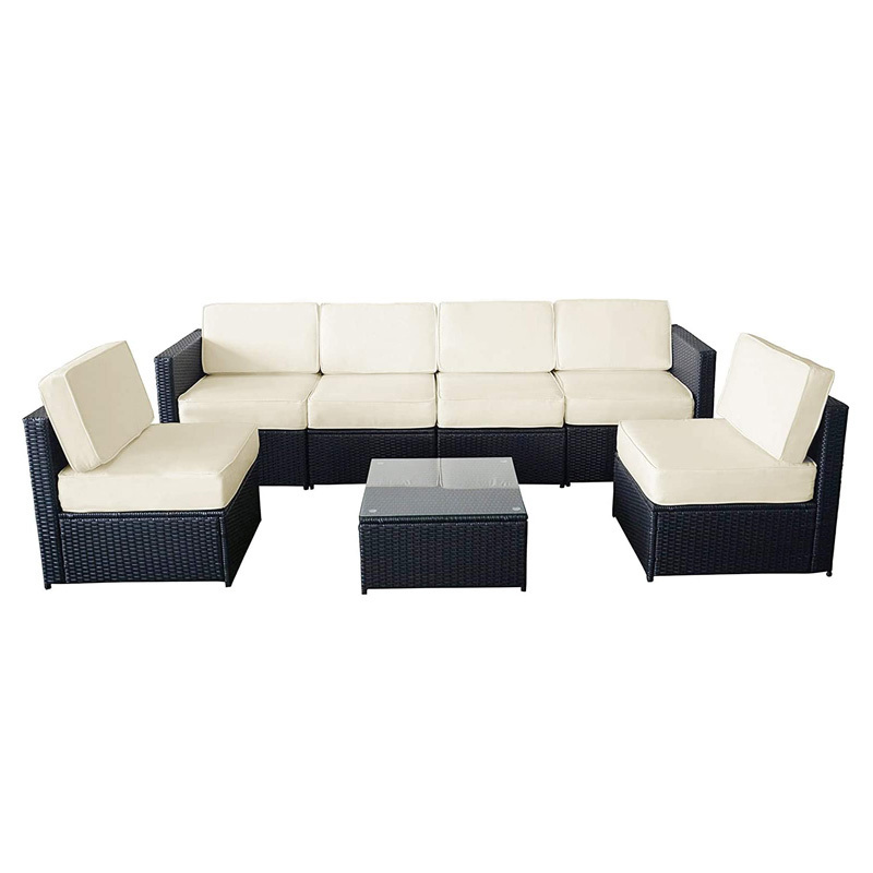 7 Pieces Wicker Sofa Set Outdoor Seating Couch Black Rattan Conversation Chair with Tea Coffee Table and Cushions