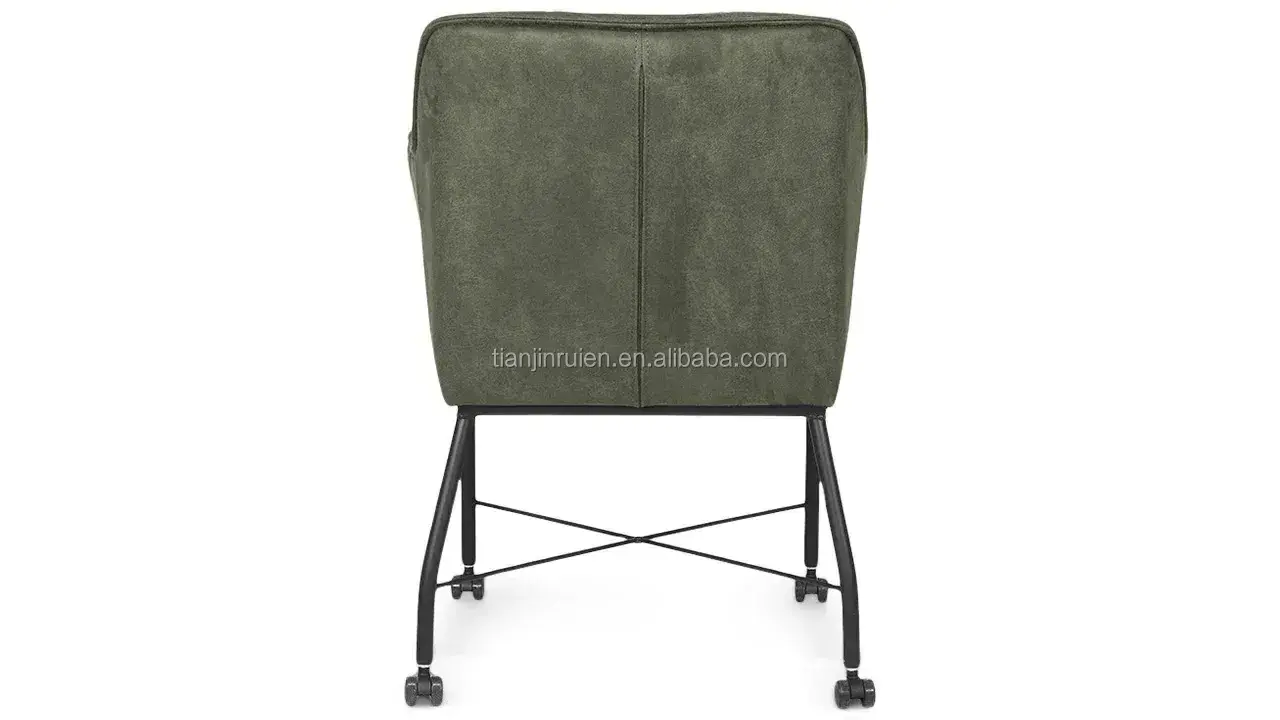 Comfortable green armrest leisure upholstered dining chair on wheels