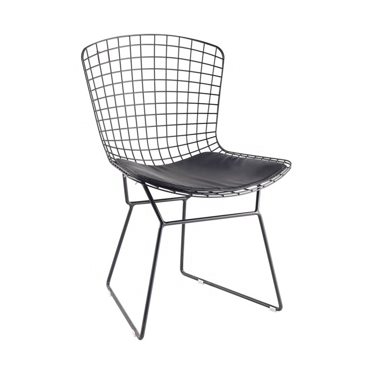 Modern black metal wire dining chair with leather cushion