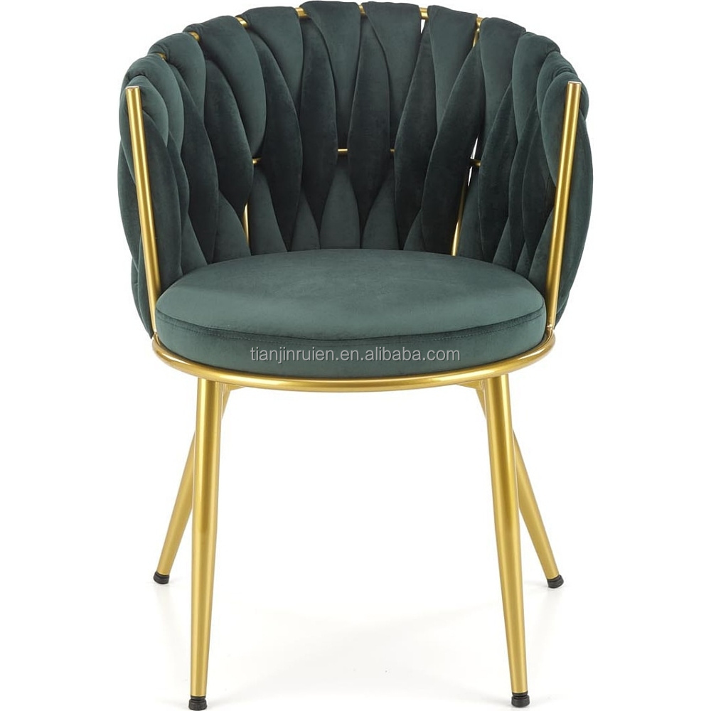 Stylish comfy deep green woven velvet dining chair with golden metal frame