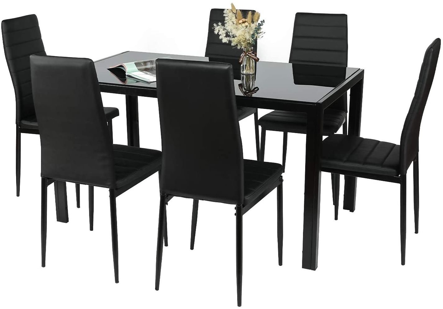 Modern affordable 6 person seater glass top dining table and chairs set