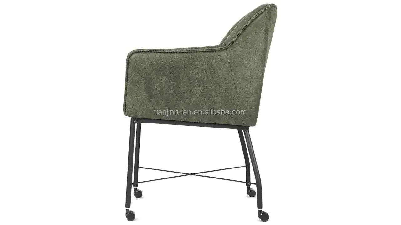 Comfortable green armrest leisure upholstered dining chair on wheels