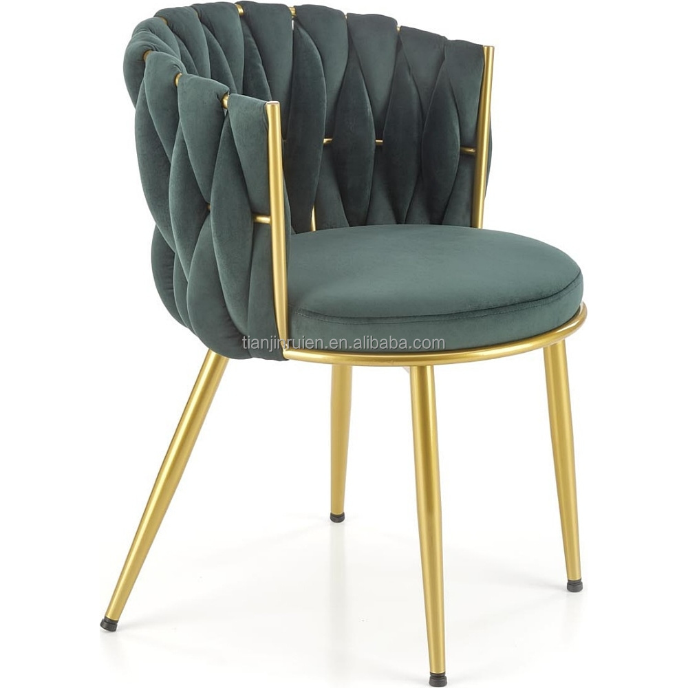 Stylish comfy deep green woven velvet dining chair with golden metal frame