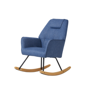 Stylish comfortable living room deep blue fabric rocking chair with wood metal base