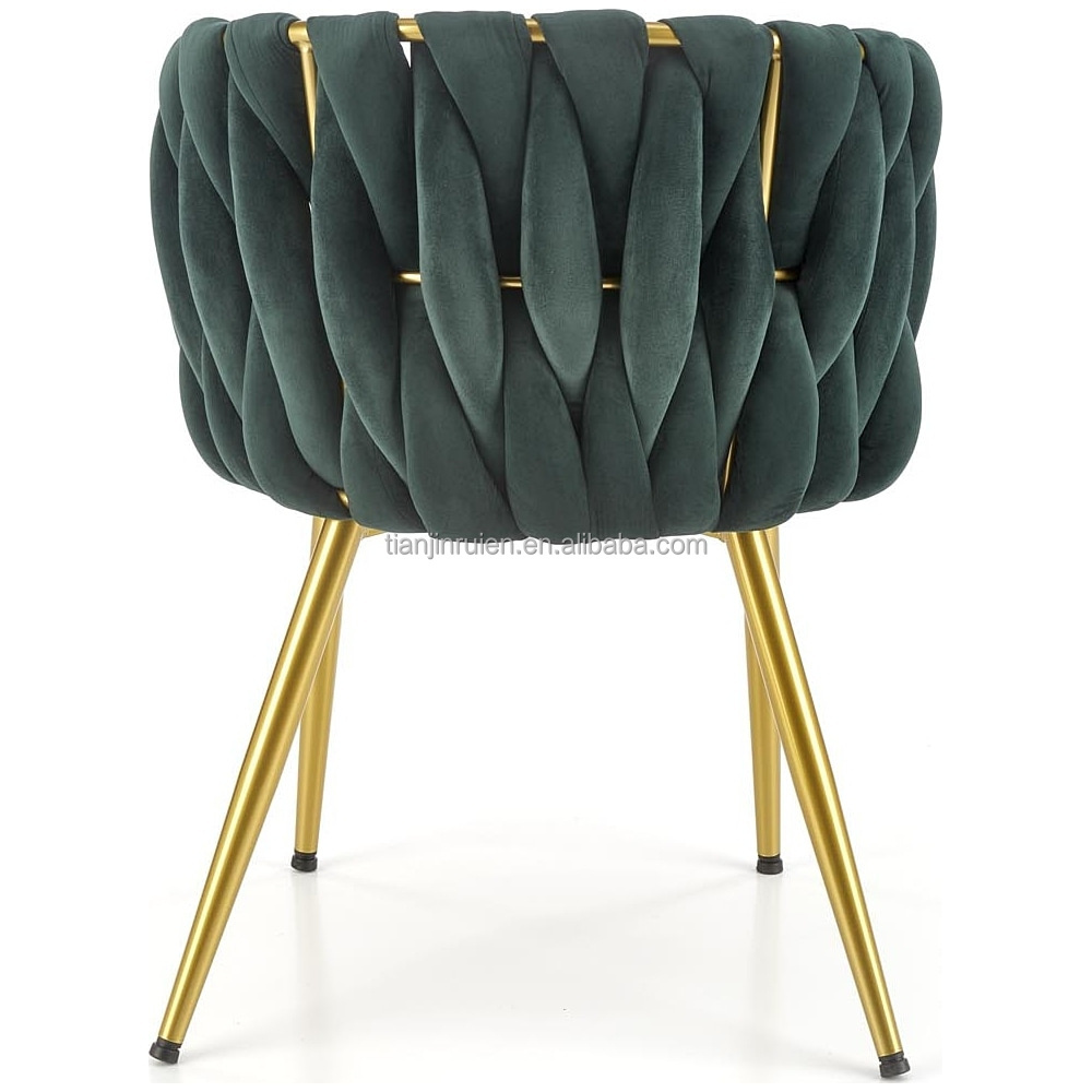 Stylish comfy deep green woven velvet dining chair with golden metal frame