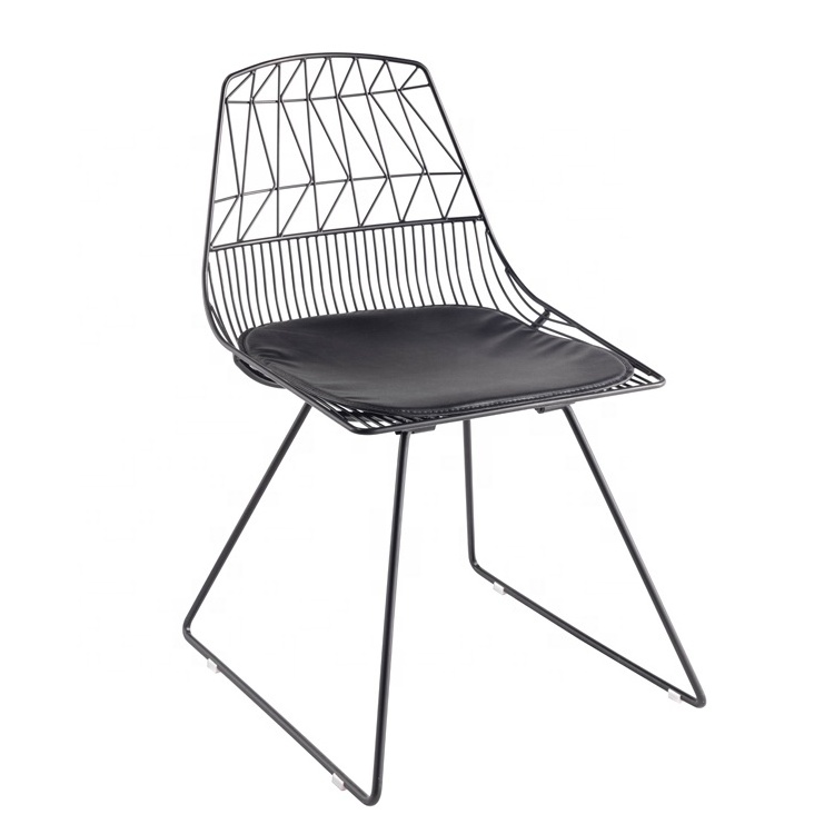 Modern black metal wire dining chair with leather cushion