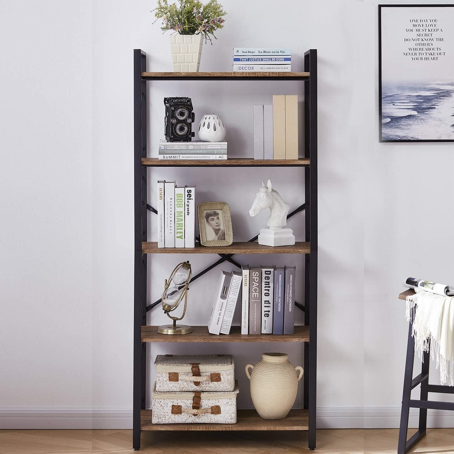 Industrial Bookshelf,5-Tier Vintage Bookcase Rustic Wood and Metal Shelving Unit,Display Rack Storage