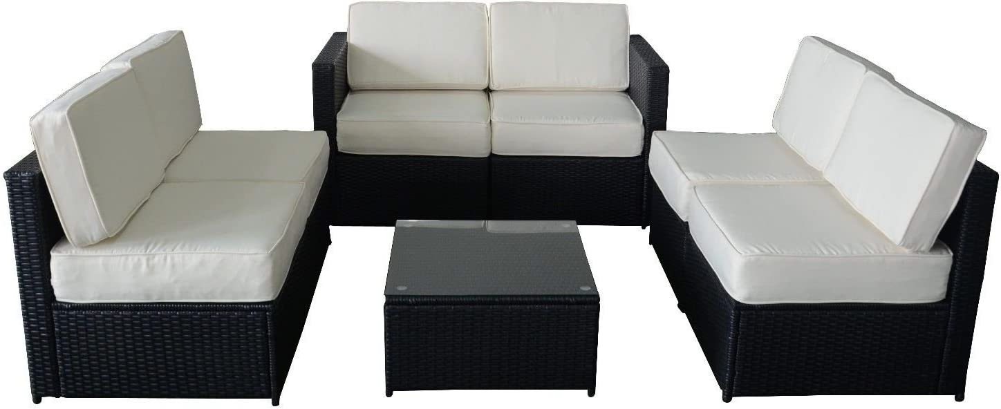 7 Pieces Wicker Sofa Set Outdoor Seating Couch Black Rattan Conversation Chair with Tea Coffee Table and Cushions