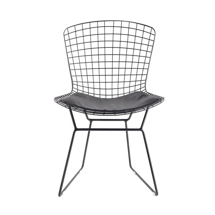 Modern black metal wire dining chair with leather cushion