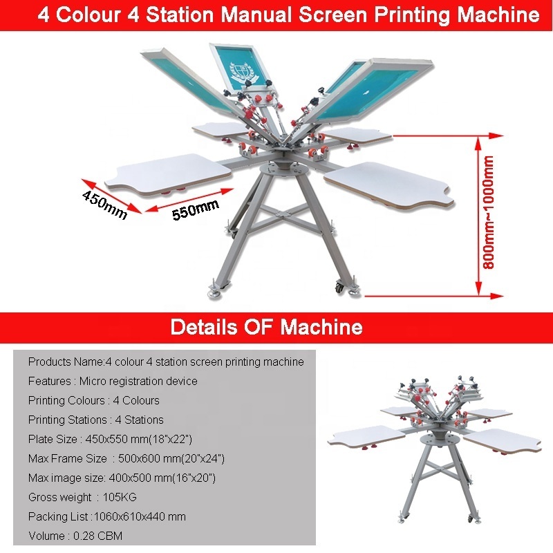 Trousers T-shirts Shoes Micro Registation Four Colors Four Stations Carousel Screen Printing Machine CE Provided Screen Printer